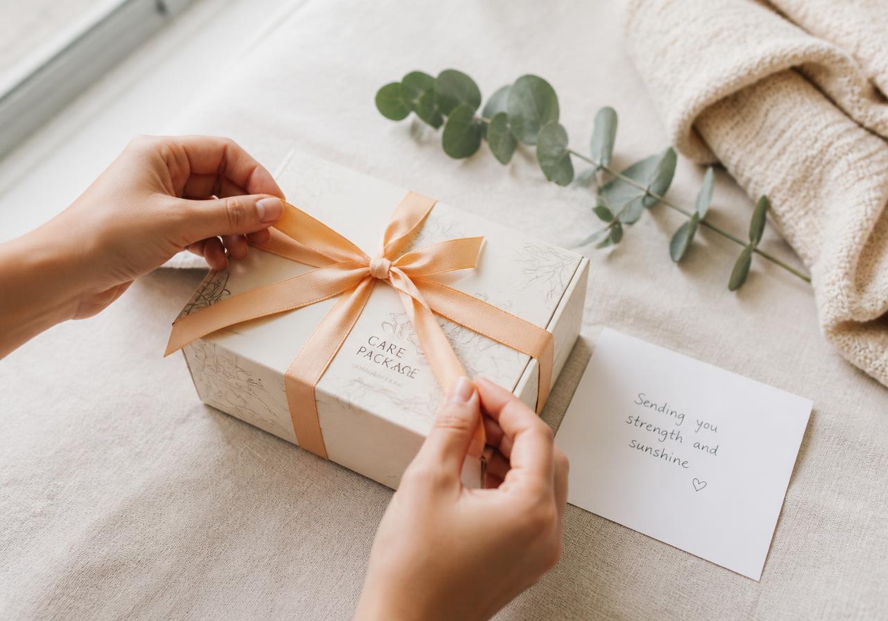 Hands tying a soft orange ribbon around a care package