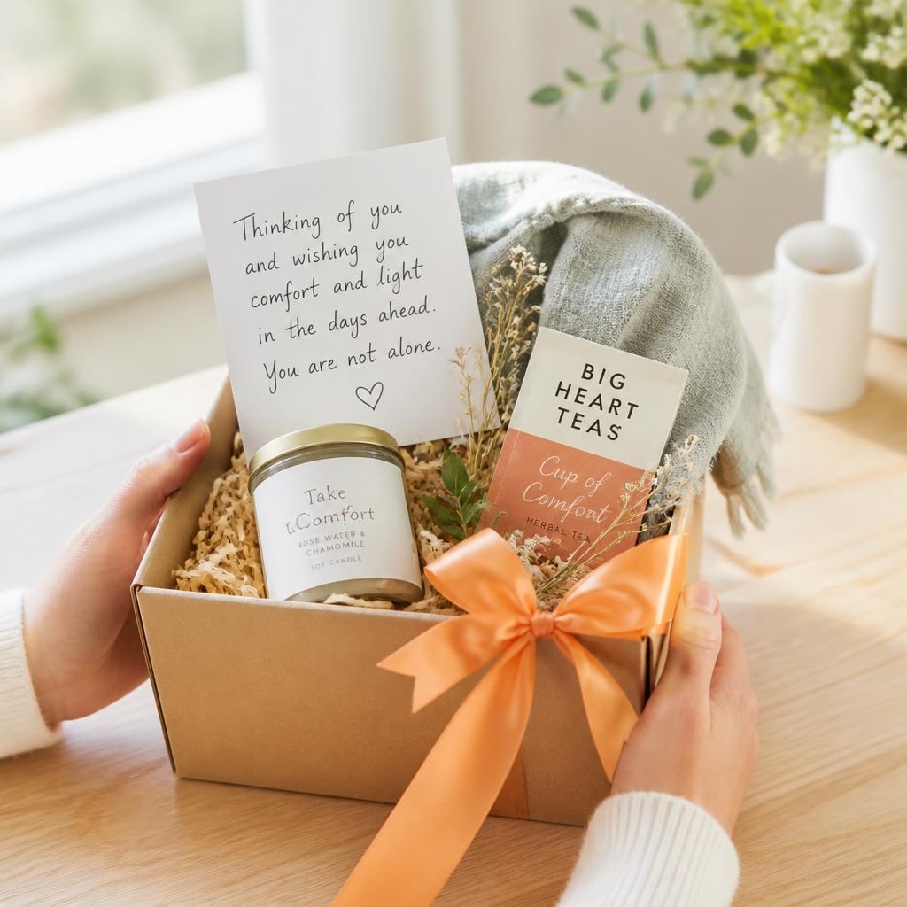 A small care package tied with an orange ribbon, a handwritten note, journal, and candle in warm daylight